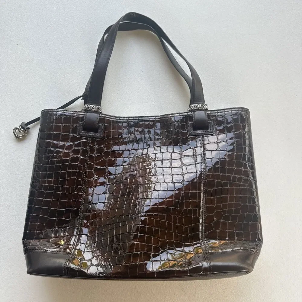 Brighton Brown Embossed Croc Patent Leather Shoulder Tote Hand Bag 18X13